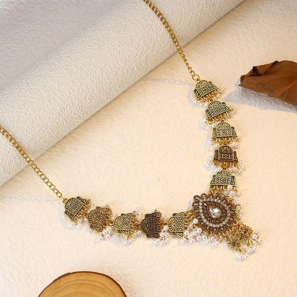Bohemian Exotic Rhinestone Tassel Necklace & Earrings Set In Antiqued Alloy