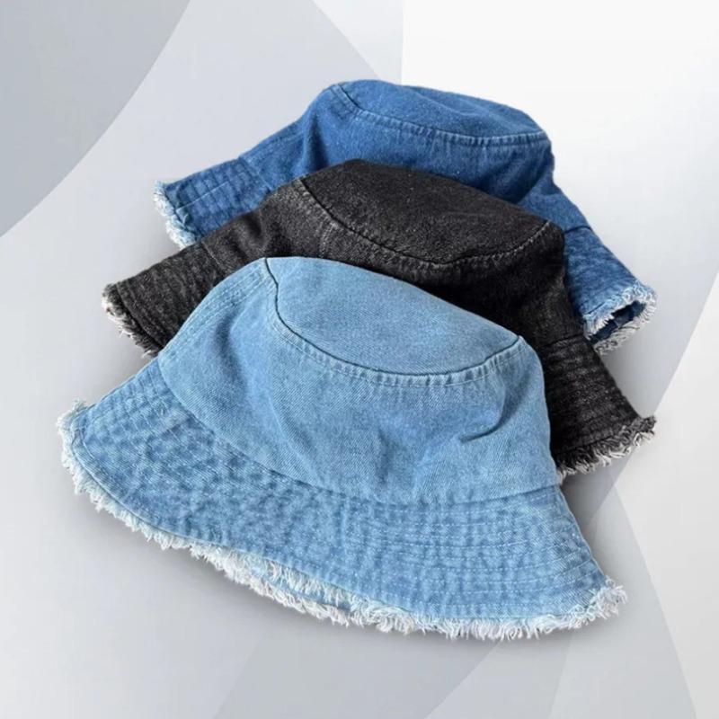 Women Summer Denim Bucket Hat Korean Vintage Washed Solid Color Sun Cap Wide Brim UV Protection Travel Beach Sun Hat