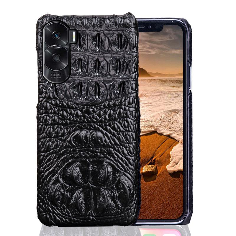 Genuine leather half-cover protective case for Honor X50, featuring cowhide, crocodile pattern, and skull design.