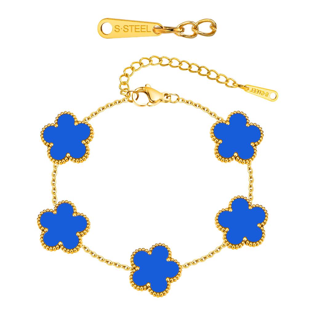 Women Flower Charms Bracelet 18K Gold Plated, Stainless Steel Lucky Flower Link Wrist Jewelry Birthday Gift