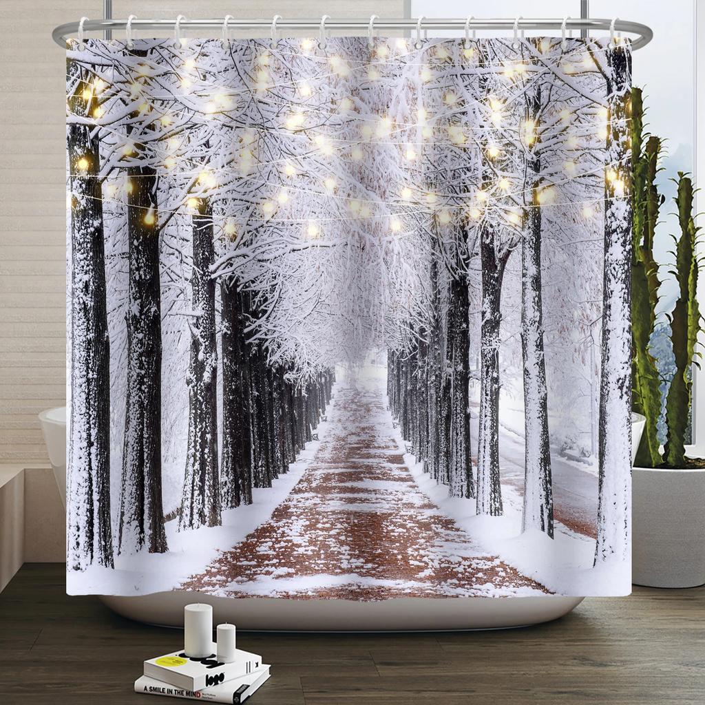 Christmas Shower Curtain Xmas Tree Winter Forest Snow Cute Snowman Bathroom Shower Curtain Waterproof Bath Curtain With Hook