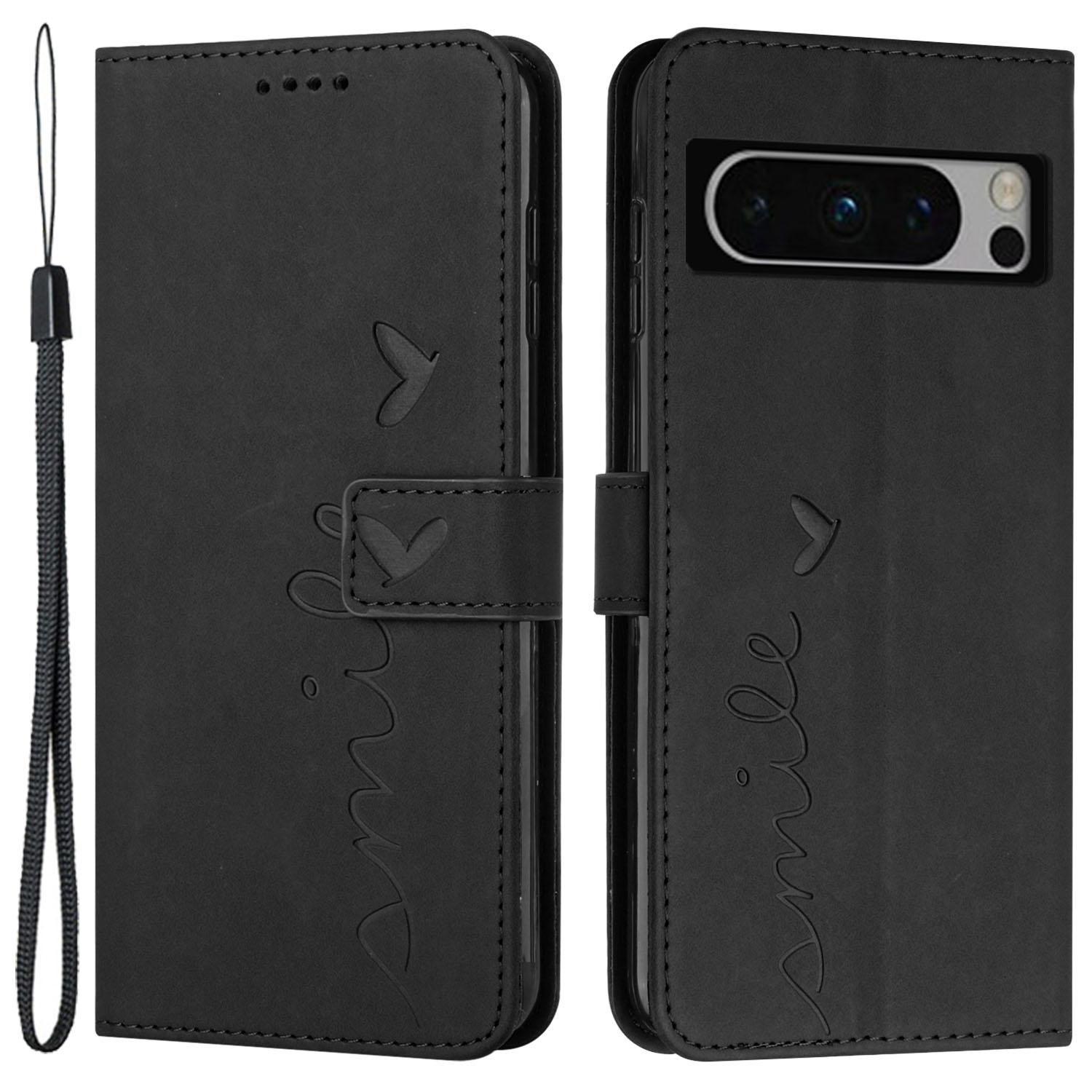 

Stand Shell for Google Pixel 8 Pro Heart Shape Imprinted PU Leather Phone Wallet Anti-drop Flip Case Black
