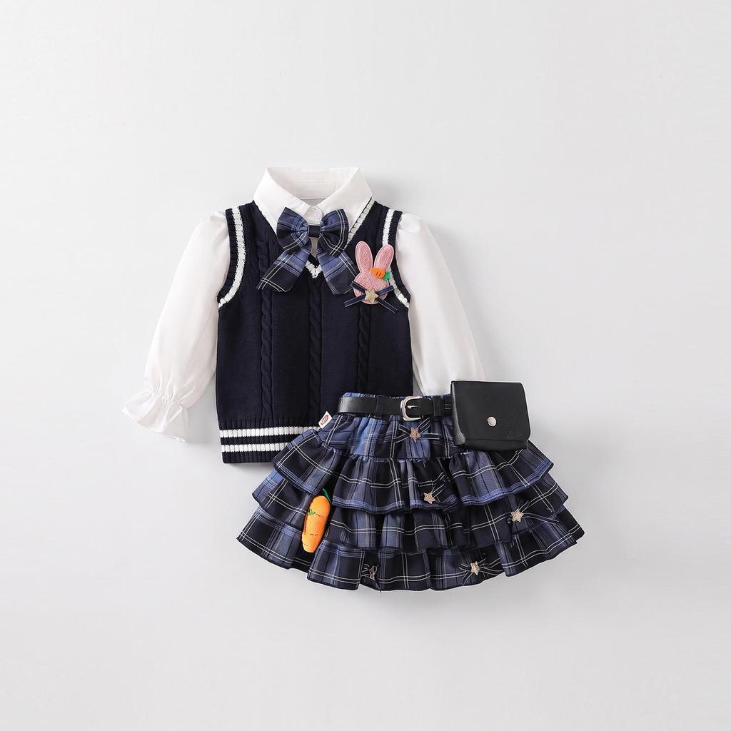 Girls' 2026 Autumn JK Style Rabbit Officer Three-Piece Set – School-Style Birthday Outfit for Medium & Large Children