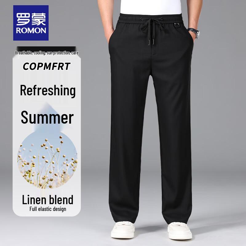 

Romon Men s Summer Linen Blend Straight-Leg Casual Trousers XL