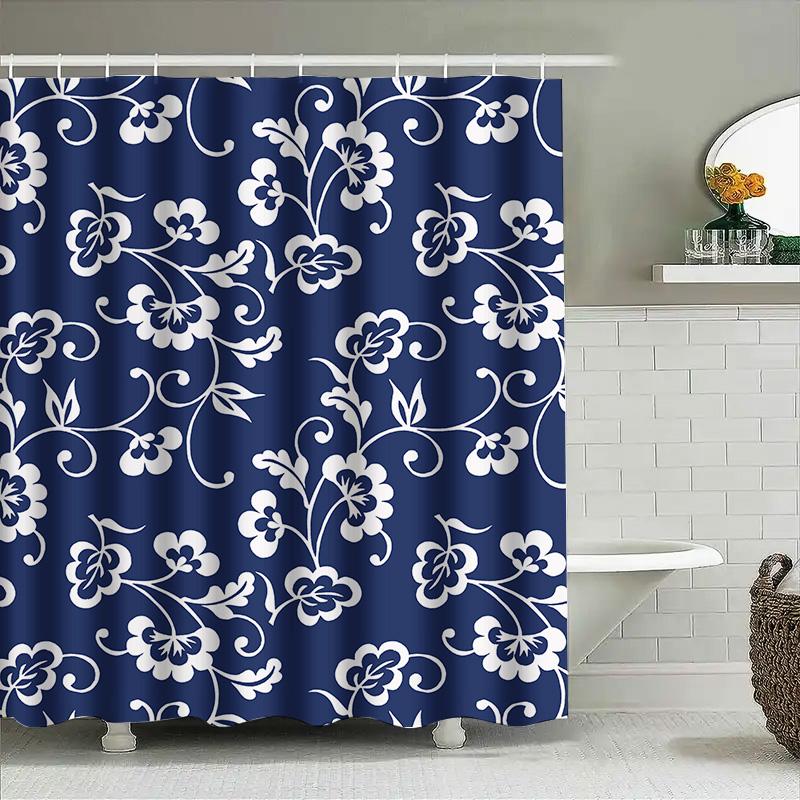 Modern Home Decor Shower Curtain With Floral Pattern Navy Blue White Design For Bathroom Easy Installation In Various Sizes (Cus