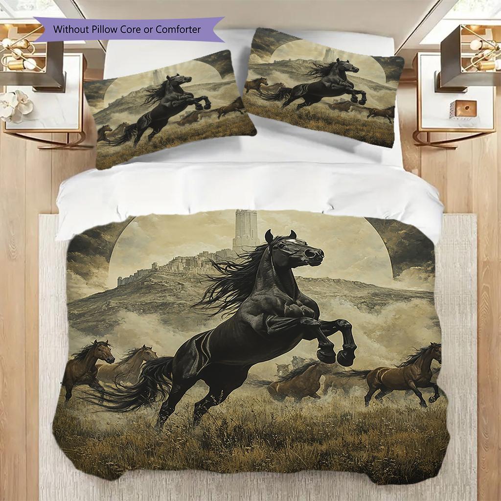 Set Copripiumino Trapuntato con Motivo a Cavalli Federa Decorazione per la Casa Regalo di Compleanno (1 * copripiumino + 2 * federa, senza nucleo)