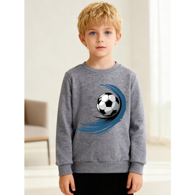 European Sizes Kids' Fashion Round Neck Pullover Sweater, Fall Winter Long Sleeve Top, Cool Soccer Print, Suitable for Daily Casual Wear