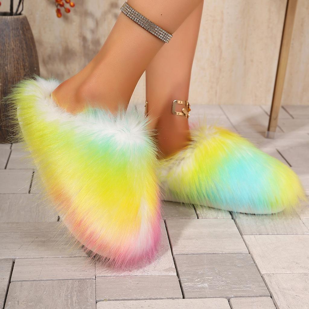 Fashion Women Flat Half Slippers Lightweight Slides Women Luxury Fur Slippers Women Round Toe Raccoon Fur Slides Woman Comfortable Shoes