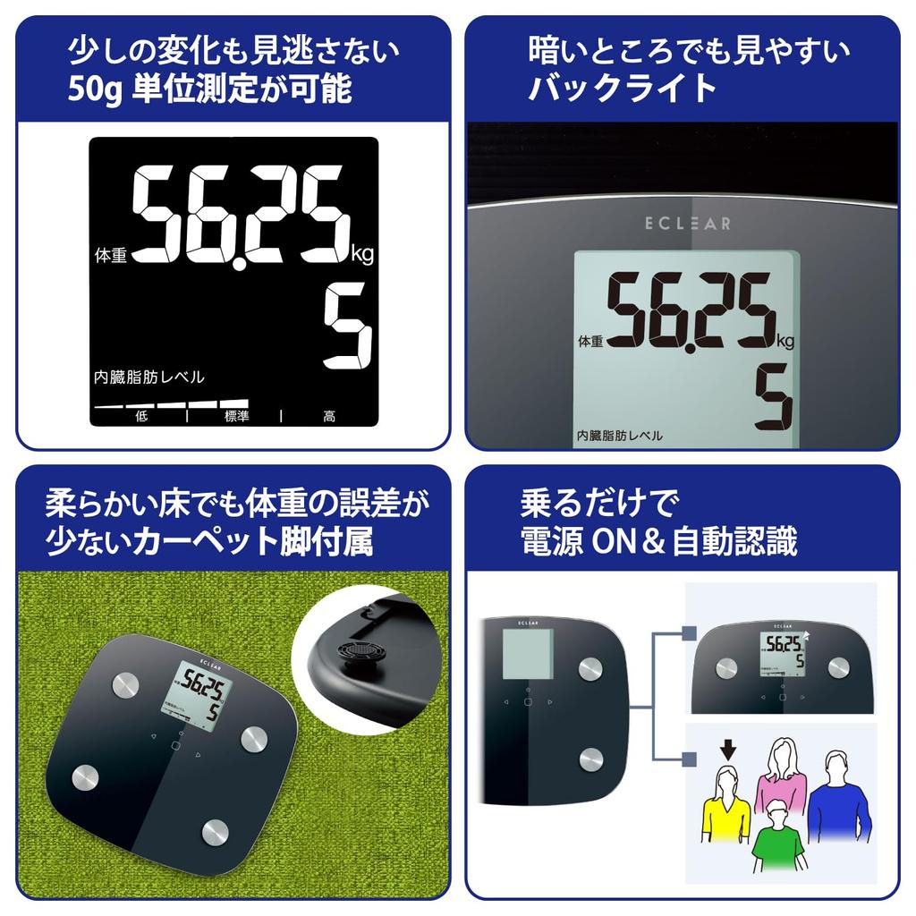 ELECOM Weight Body Composition Smartphone Linked Data Entry with Backlight Body Fat Visceral Fat Skeletal Muscle Bone Basal Measurement in 50g Units
