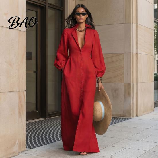 Women Casual Dress Button Front Shirt Dress, Long Sleeve Turn-down Collar Dresses Solid Color Cinched Waist for Daily Office Collared Style