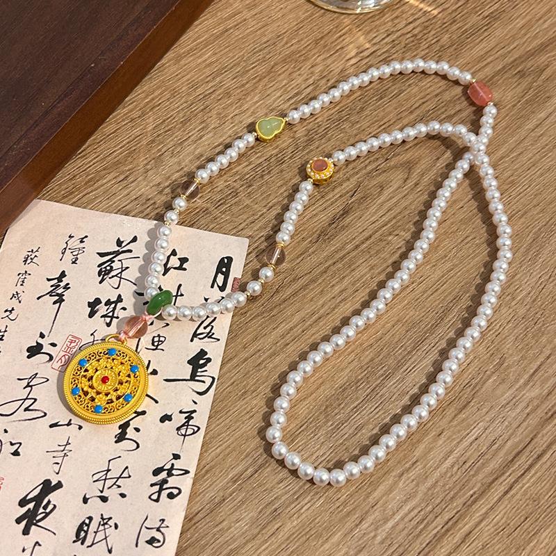 Ethnic Style Hollow Carved Lucky Bag Pendant Green Imitation Jade Handmade Beaded Long Necklace