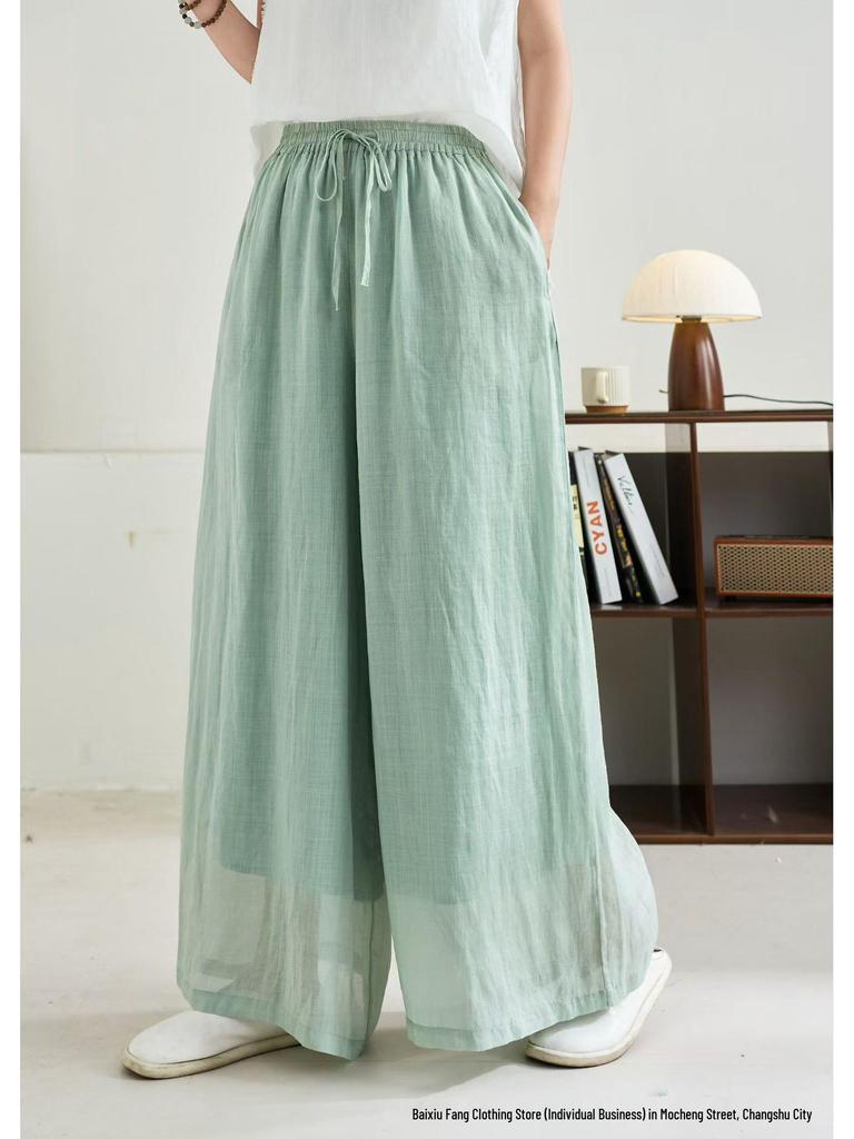 Linen Wide-Leg Pants - Spring 2026: Comfortable, Elastic Waist, Retro Artistic Style, Solid Color, Casual.