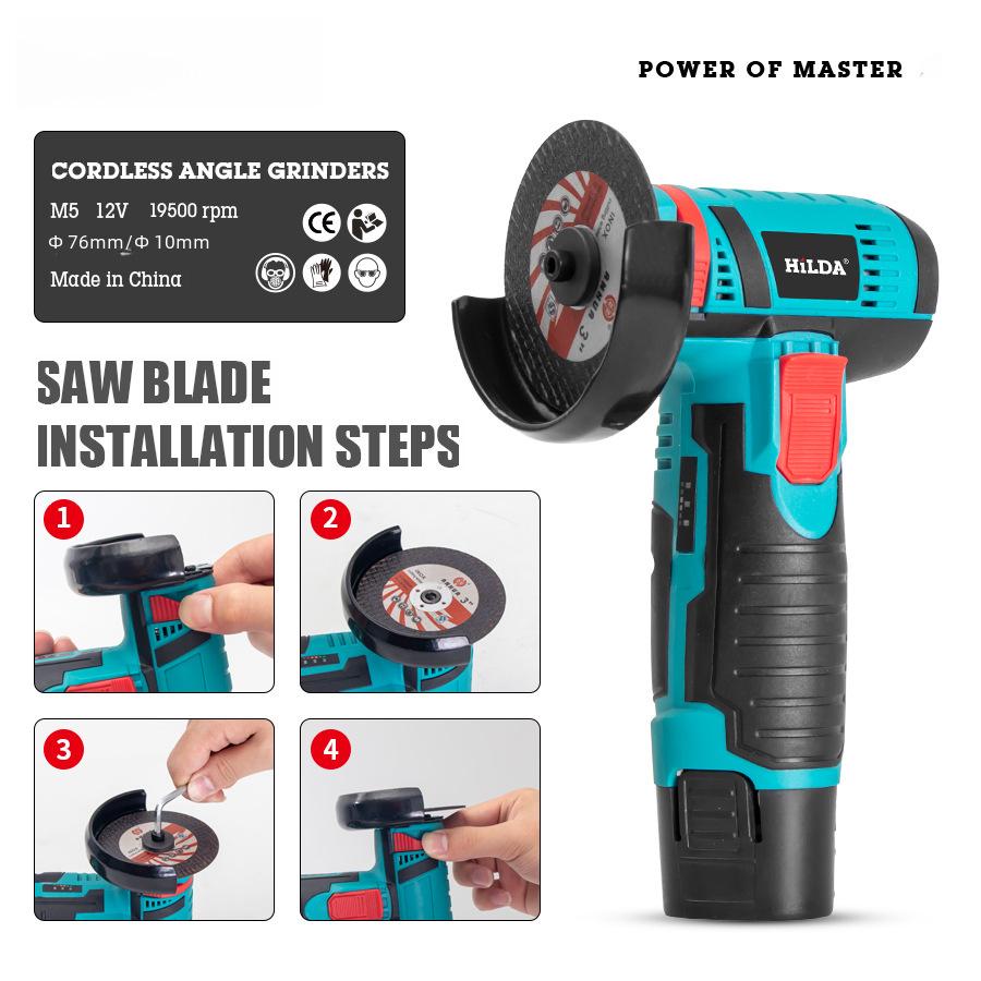 HILDA 12V 3-Inch Mini Brushless Lithium Angle Grinder for Household Use