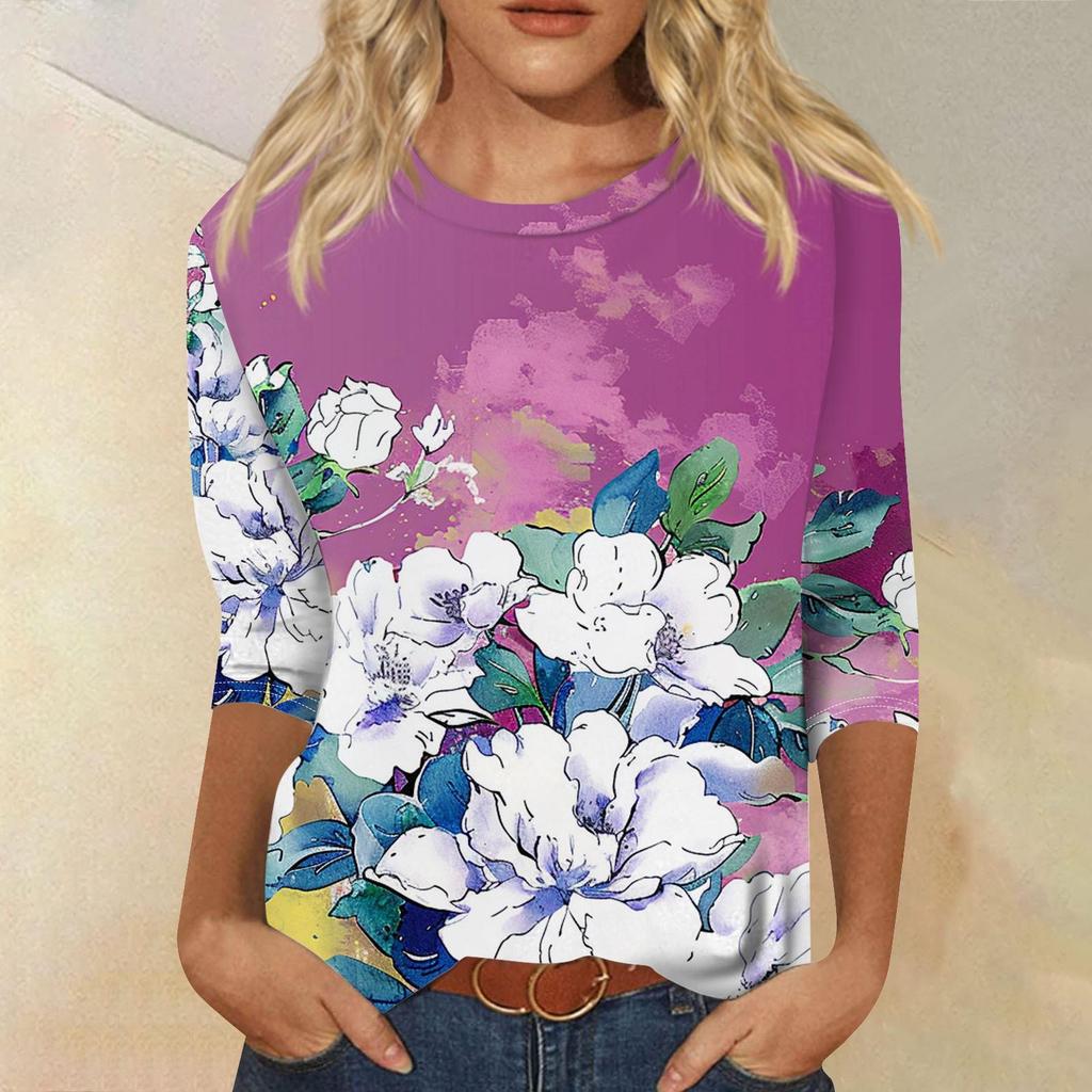 Damenmode Lässiges T-Shirt mit Rundhalsausschnitt und Dreiviertelärmeln und Aufdruck