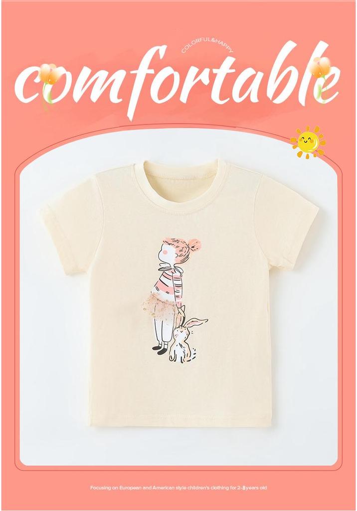 Summer 2026 Girls' Short-Sleeve T-shirt with 3D Rabbit Skirt Print - European and American Fashion
