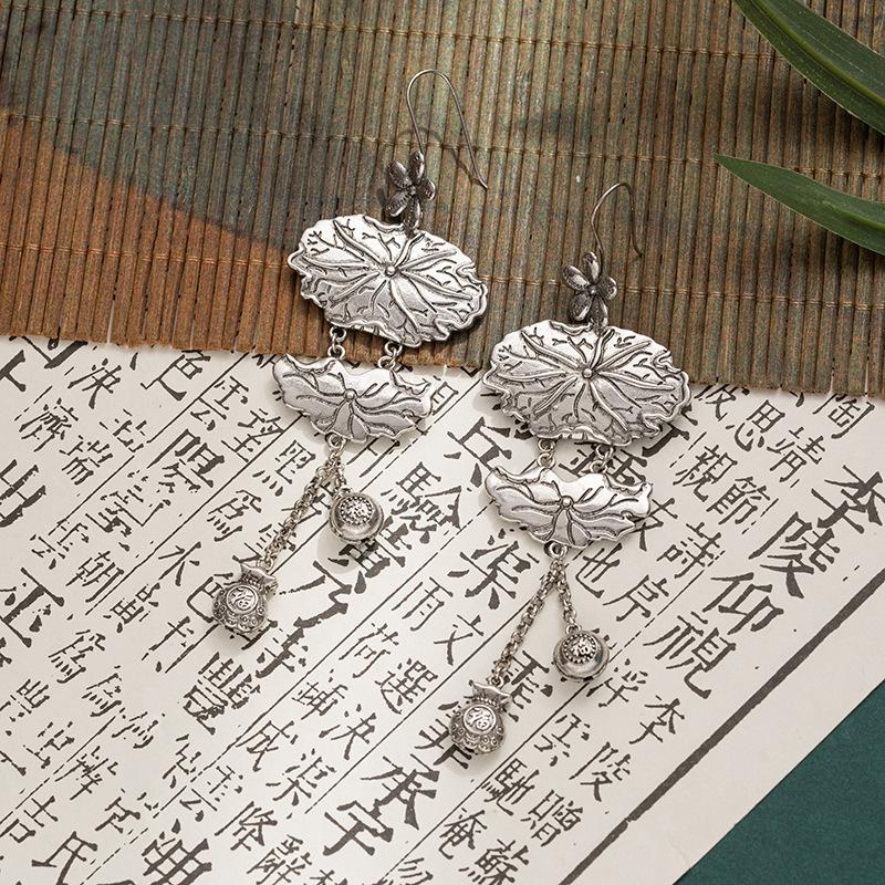 JMXD-Trendy Lotus Leaf Lucky Bag Earrings Retro Ethnic Style Old Lotus Leaf Small Flowers Exaggerated Long Fringed Earrings