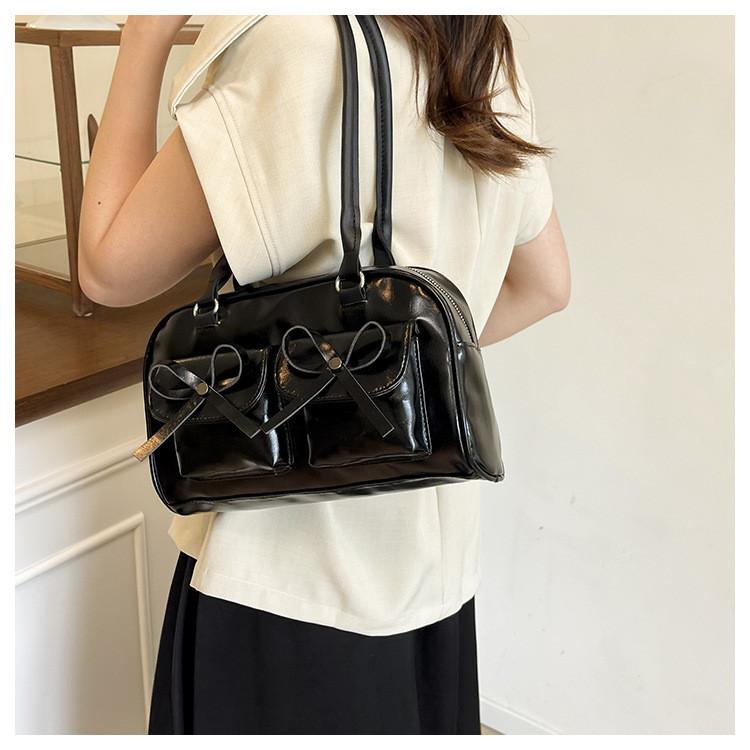 Simple Solid Color Bow Decoration Women Large Capacity Shoulder Bag For Daily Casual Use