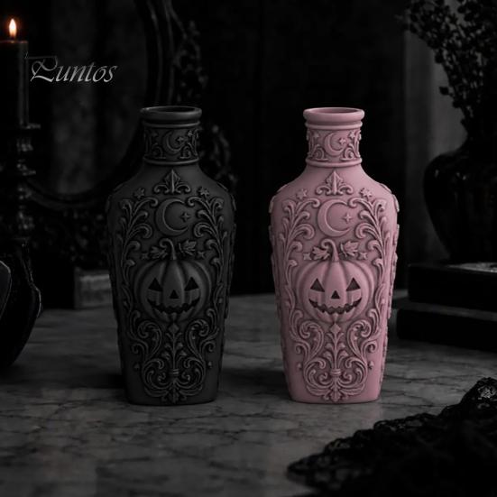 Unique Gothic Collectibles Halloween Pumpkin Vase, 3D Printed Moon Star Embossed Potion Bottle Decorative for Dressing Table Tabletop Ornament,