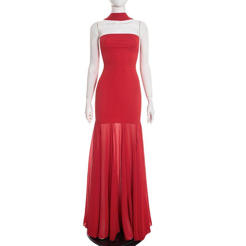 

European and American Women s Fashion Autumn and Winter New Style Pure Color Elegant Sleeveless Chiffon Splicing Tube Top Long Dress with Ribbons Red L