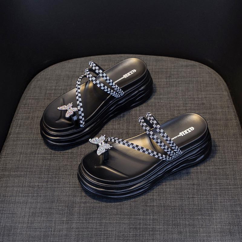 Wedge heel platform slippers women's 2025 summer new pearl rhinestone sandals platform versatile muffin women's shoes