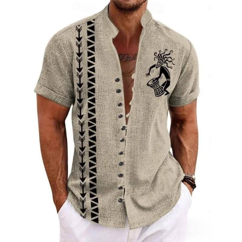Men Ethnic Front Print Stand Collar Short Sleeve Loose Casual Linen Shirt