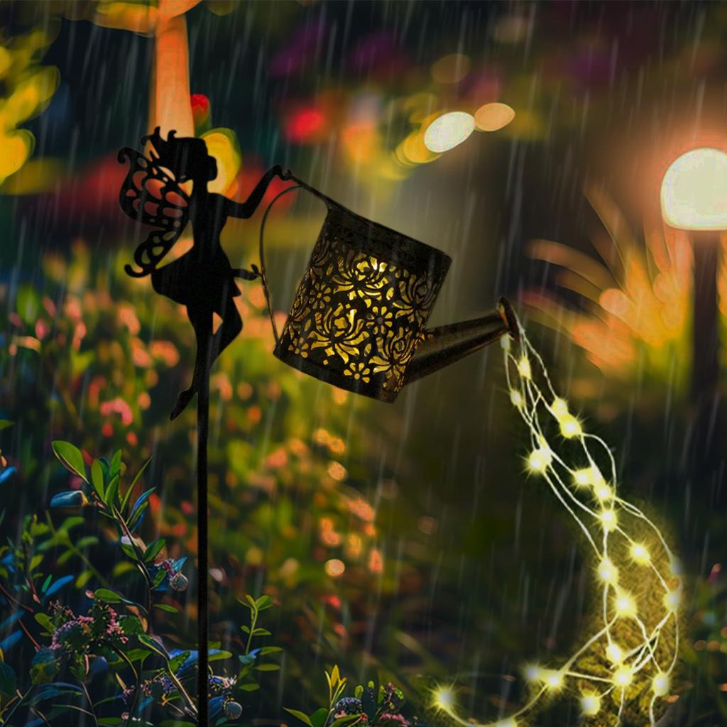 1 beautiful Art Deco style fairy watering kettle sculpture - Valentine's Day garden decoration, solar powered metal statue with