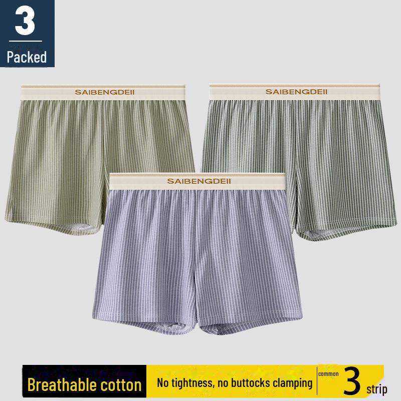 "Men's Loose-Fit Striped Cotton Boxer Shorts - Breathable, Large Size"