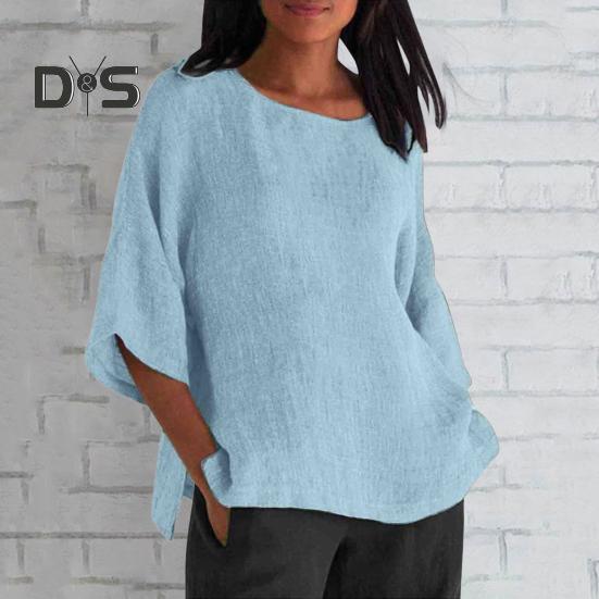 Women Shirt 3/4 Sleeve Casual Crew Neck Solid Color Pullover Tops Loose Fit Vacation Blouse Daily Wear