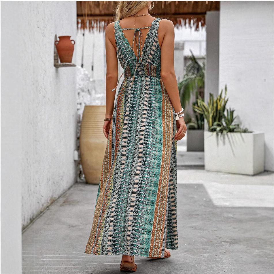 European and American Summer New Vacation Fashion Waist Deep V Printing Sleeveless Dress