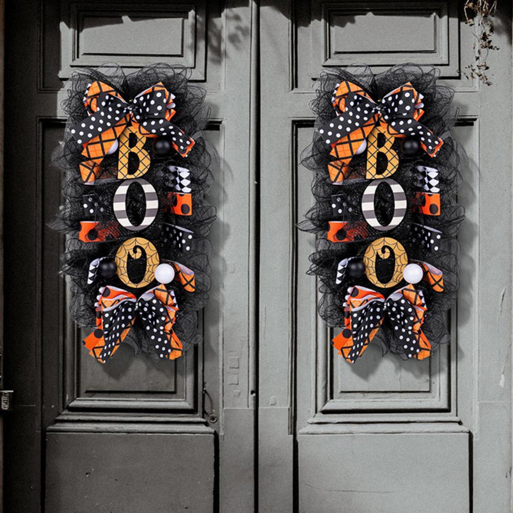 Halloween Swag Kranz für Haustür Gruseliges Mesh-Band Boo Swag Girlande mit Schleife für Party Wand Veranda Deko