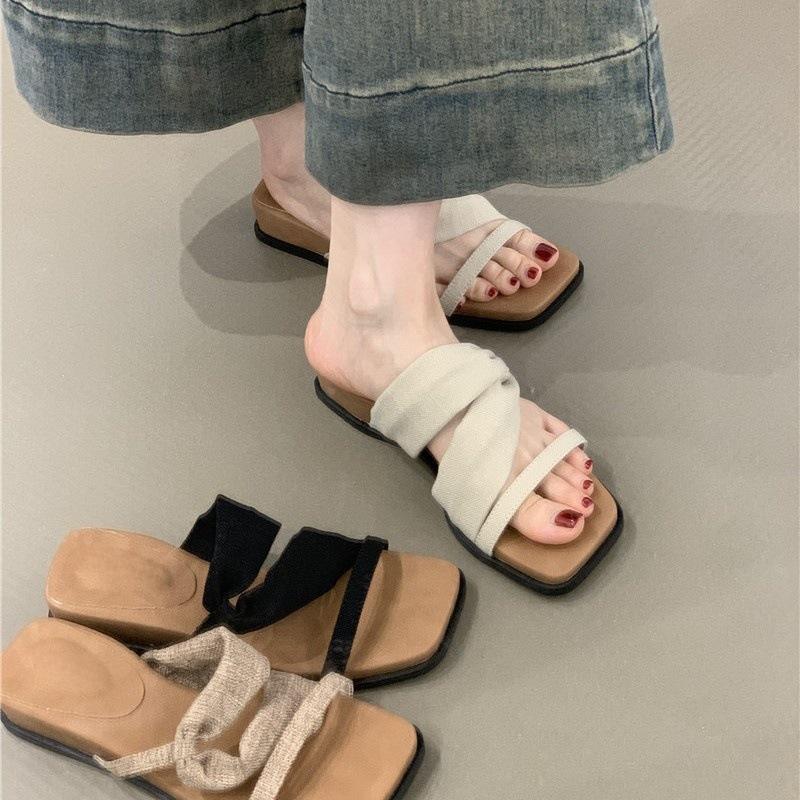 Platform Open-toed Sandals Women's 2025 Summer Korean Version Retro Linen Bohemian Vacation Beach Slippers