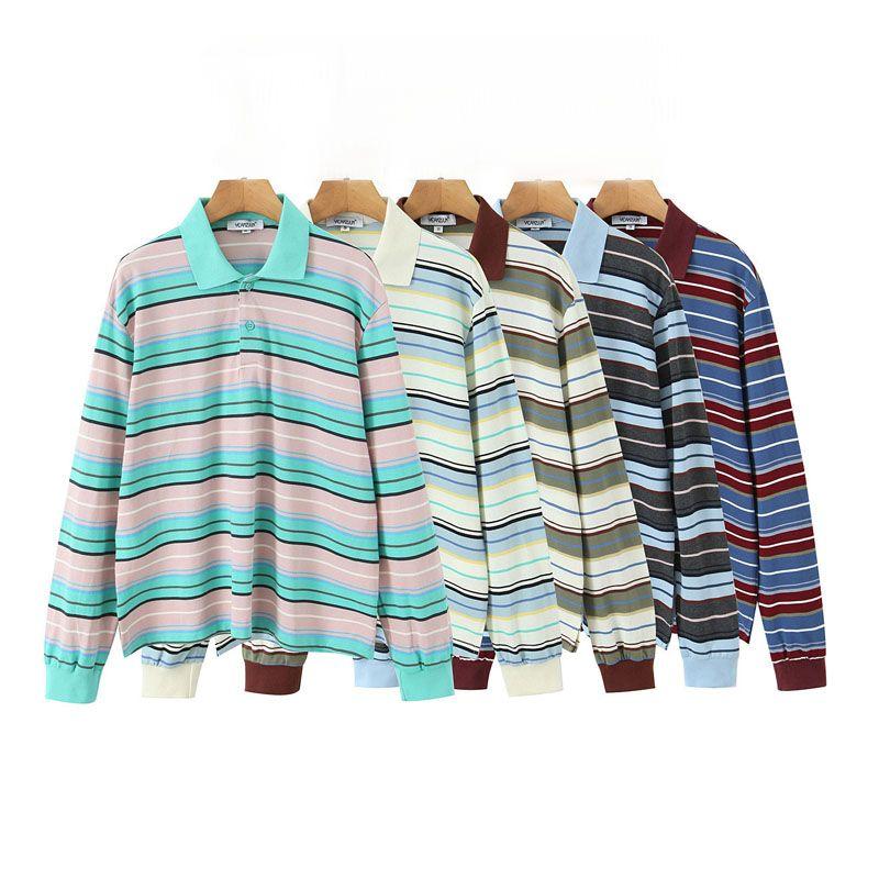 Zbzr New Fall Women's Clothing Fashion Wind Polo Collar Loose Casual Contrast Color Long Sleeves Stripes T-shirt-
