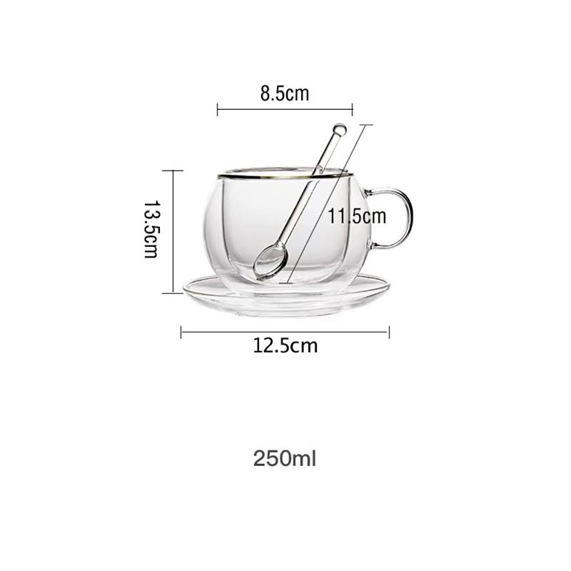 150/300 ml dobbelvegg kaffekopp i glass med tallerkener og skje Varmebestandig espressokopper med håndtak krus Drikketøy Melketekopp