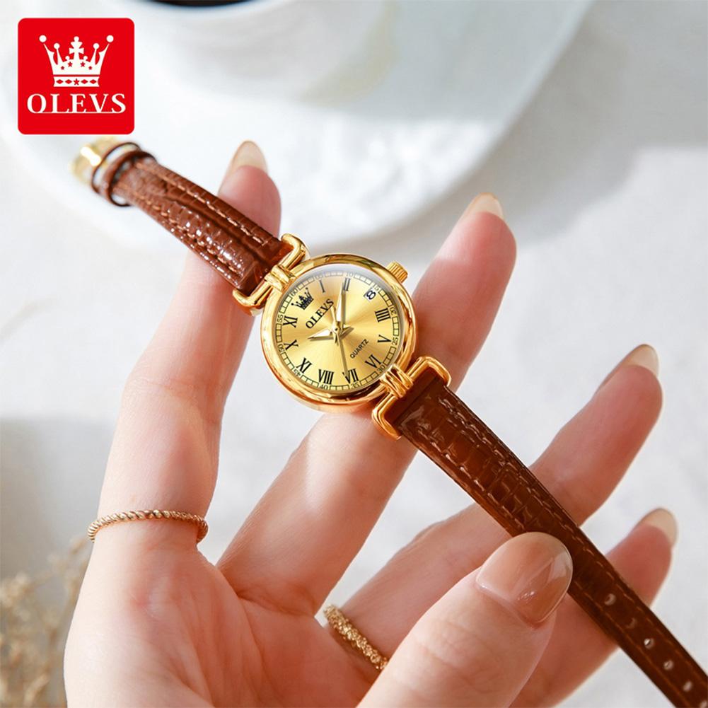OLEVS 5645 Women Watch Quartz Movement Fashion Watch Gift Round-dial Leather Strap Wristwatch Calendar Window Luminous Watch