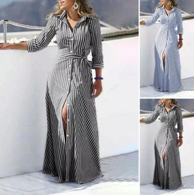 Women's High-End Striped Cotton Linen Cardigan Dress with Belt - Casual Seven-Sleeve Design