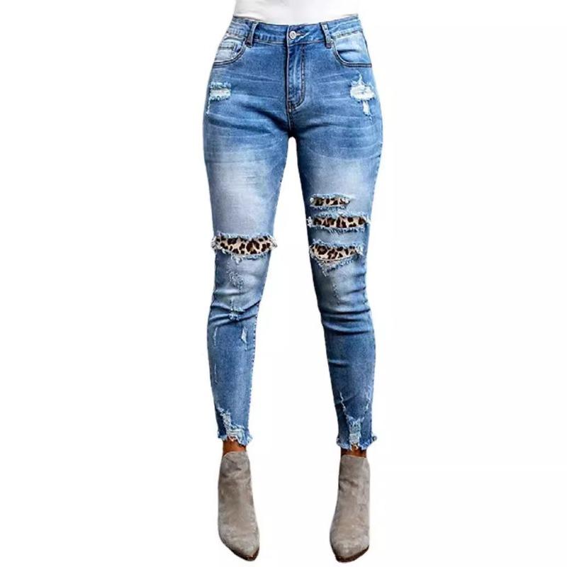 Spring and Autumn new ripped leopard print patch slim and thin mid-waist washed jeans women