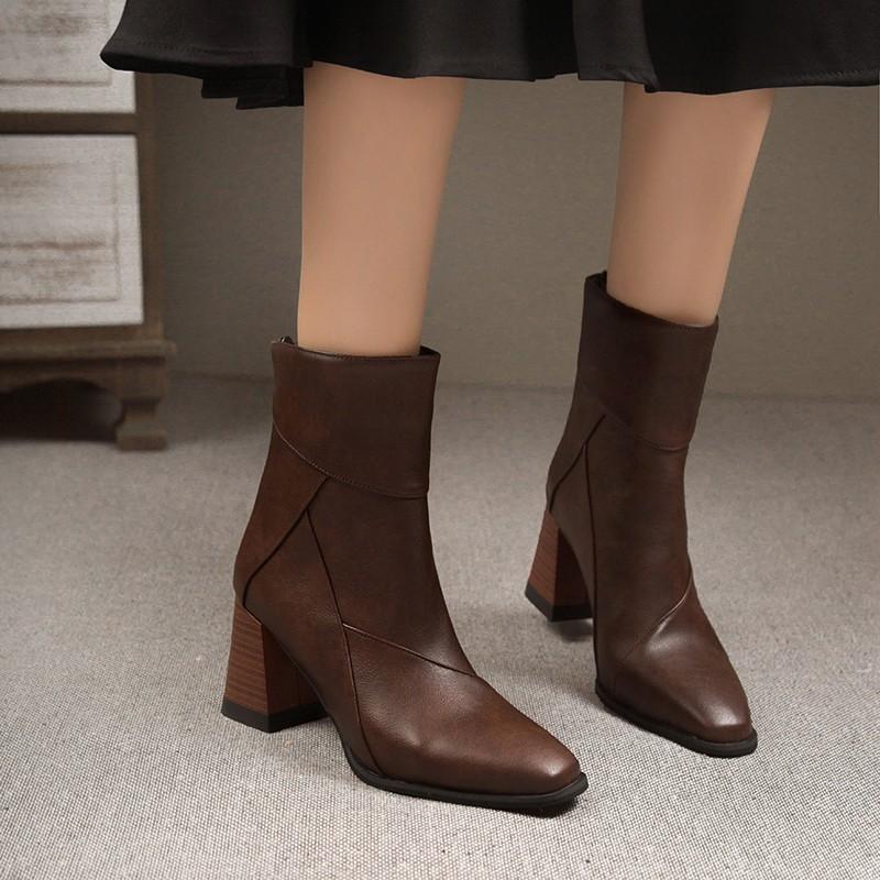 New Style Luxury Women Shoes Chunky Ankle Goth Mid Heels Brand Winter Fashion Women's Pointed Toe Boots Motorcycle Boots