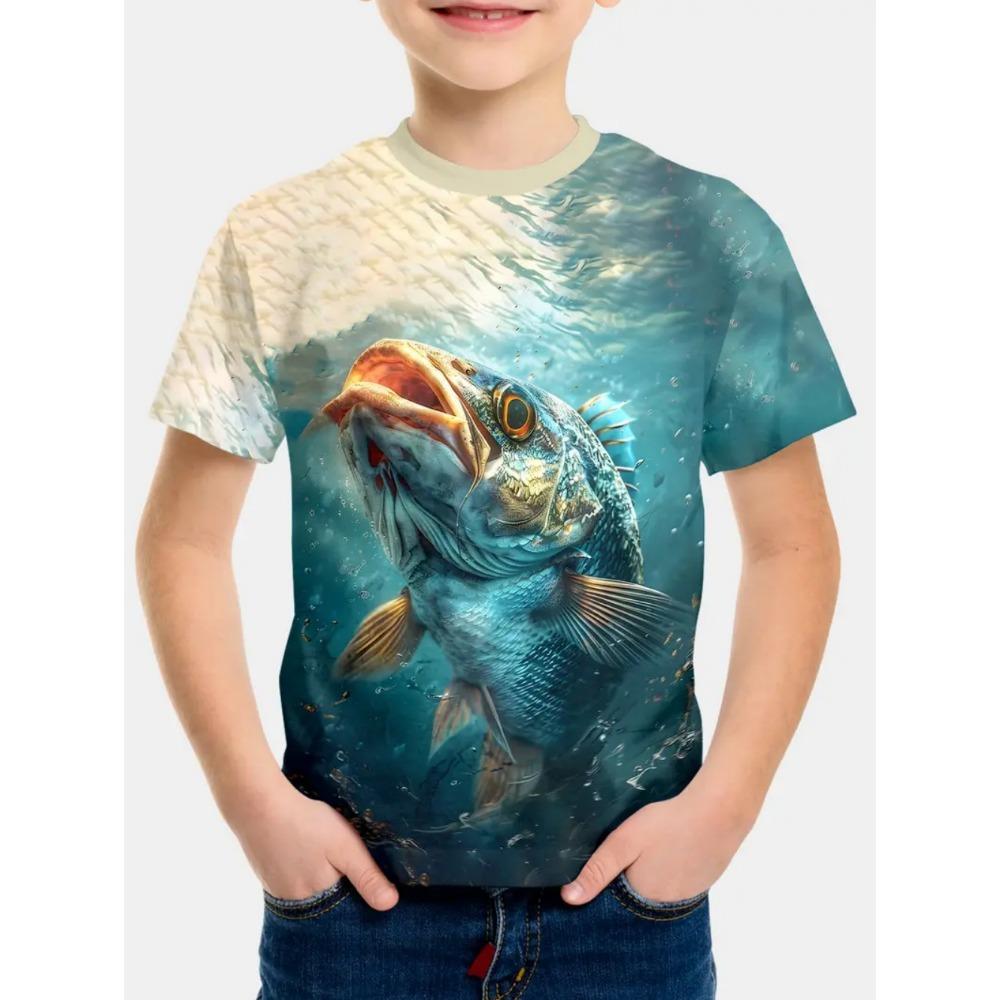 Summer Kids' T-Shirt Cartoon Shark Fishing Boy Casual Cool Round Neck Fashion Top