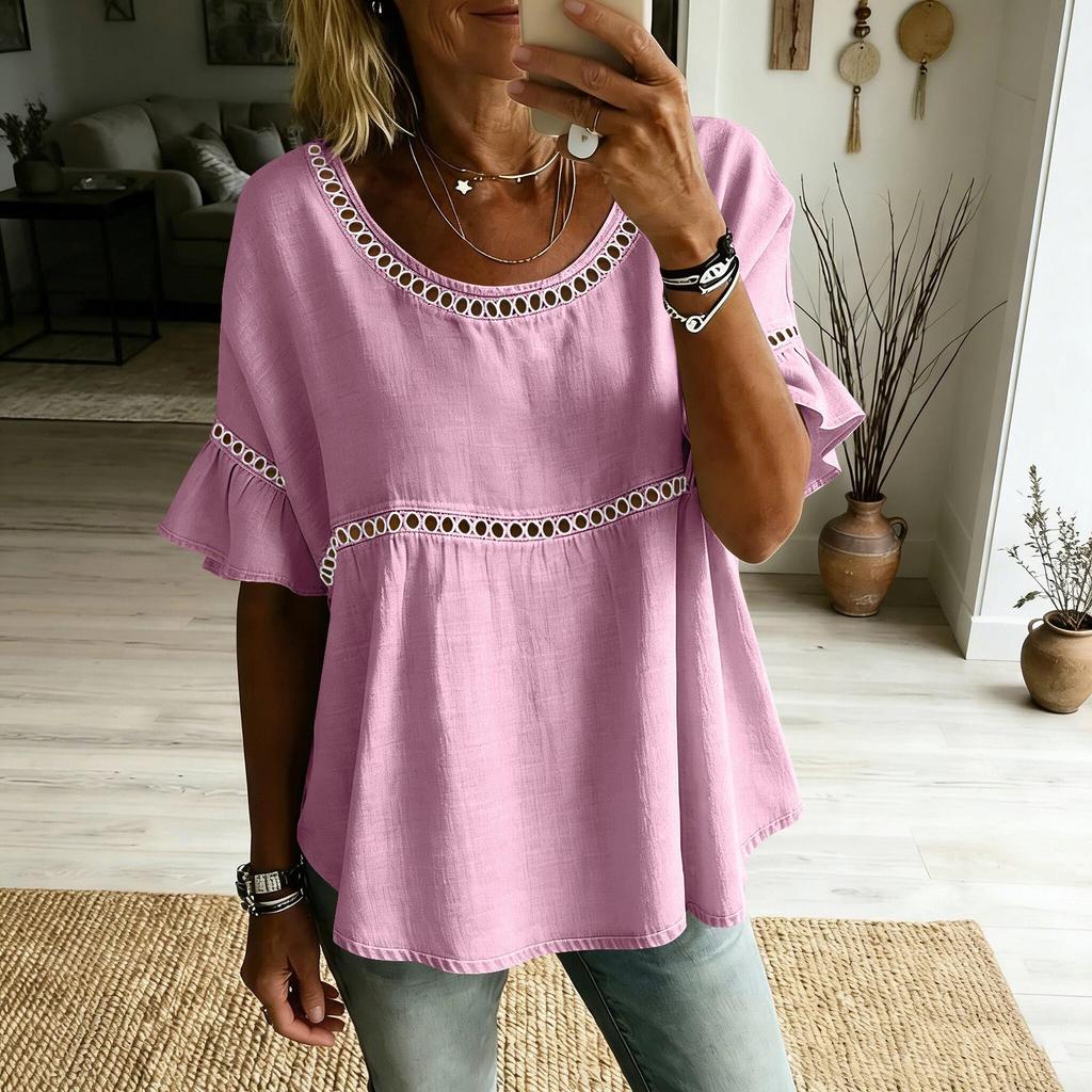 Women Loose Fit Short Sleeve Blouse Round Neck Ruffle Hem Casual Vacation Top Lightweight Comfortable Summer Shirt
