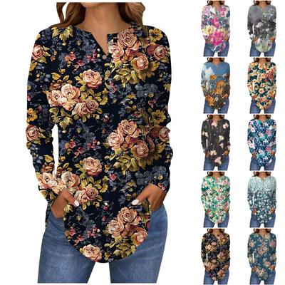 Fashion Loose Button Collar  Floral Print Long Sleeve T-Shirt Top Pullover