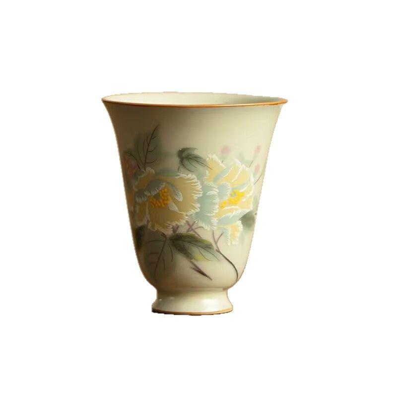 Secret Color Yellow Ru Kiln Flower And Bird Picture Tea Cup Master Cup Tea Cup Ceramic Wind Chime Cup Chinese Kung Fu Tea Set Retro Style