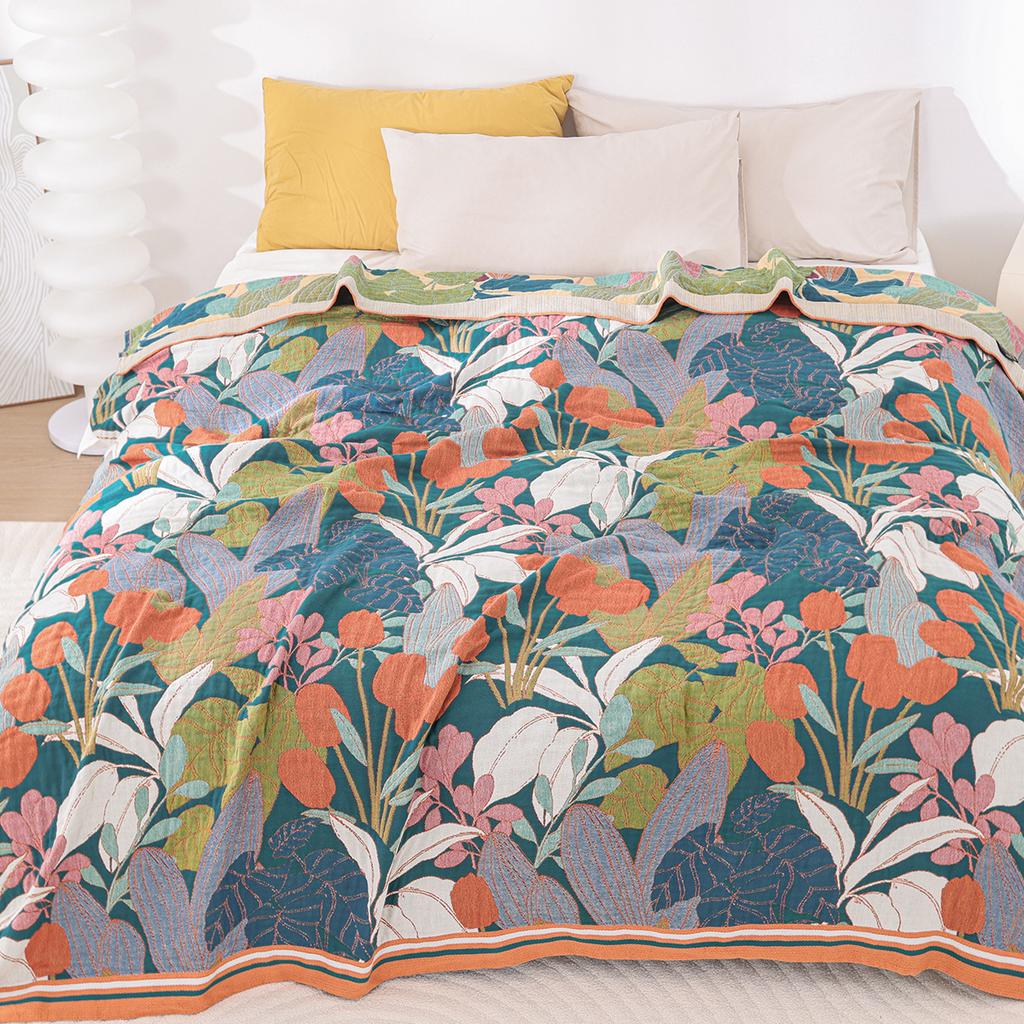 Floral Birds Cotton Towel Blanket, Bedspread For Bed, Sofa, Picnic, Travel, Yarn Dyed Jacquard, Mechanical Wash, 17 Styles