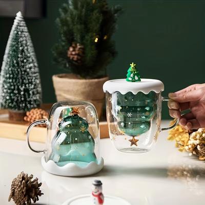 1pc Weihnachtsglas Kaffeetasse 300ml/10oz Klare doppelwandige Kaffeetassen Hitzebeständiges Borosilikatglas Wassertassen Sommer Winter Trinkgeschirr Bi