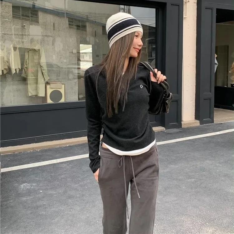 Long Sleeves Korean Fashion Style O-neck Tshirt for Women Fake Two Items T-shirts Ladies Top Tee Clothes