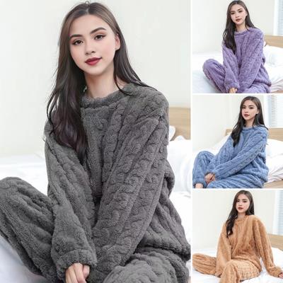 Womens 2 Piece Pajamas Set Soft Comfy Fleece Pullover Ribbed Pjs Set Fluffy Warm Plush