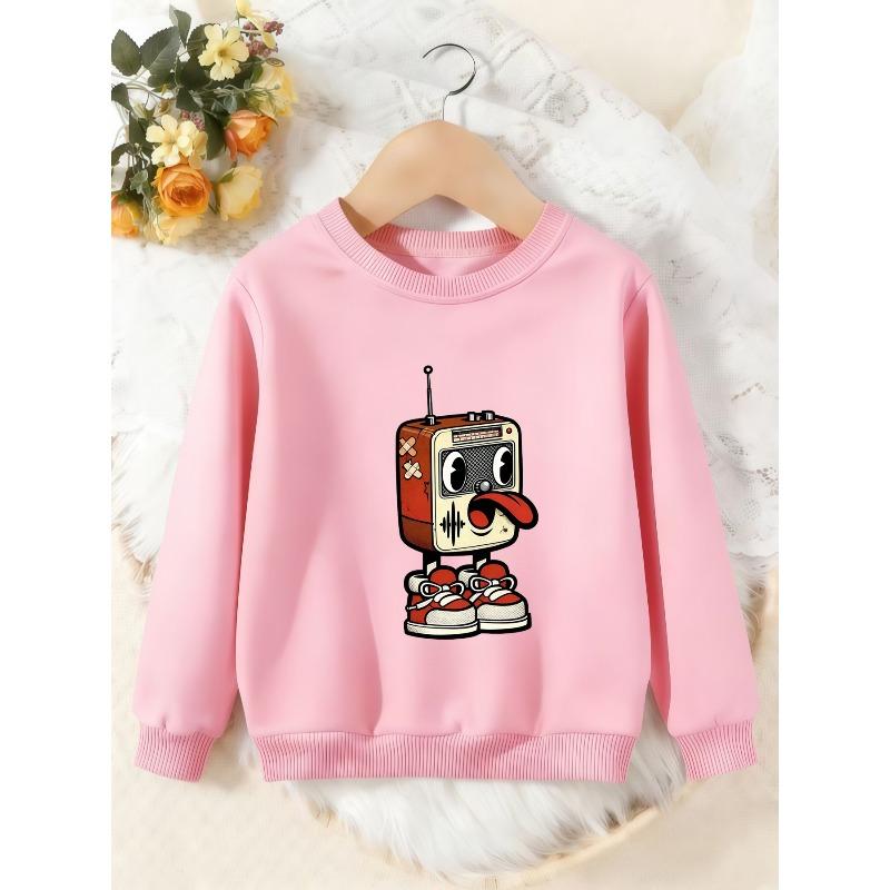 Unisex Kids Crewneck Sweatshirt, Vintage Cartoon Radio Robot Sneaker Print Long Sleeve Pullover, Boys Girls Sweatshirt For Kids Over 4 Years Old