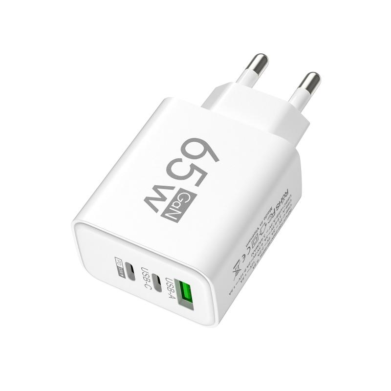 65W GaN Reise-Ladegerät EU-Stecker Dual USB C + USB A Port Schnelllade-Wandadapter Kompaktes Ladegerät für Telefon Laptop Tablet