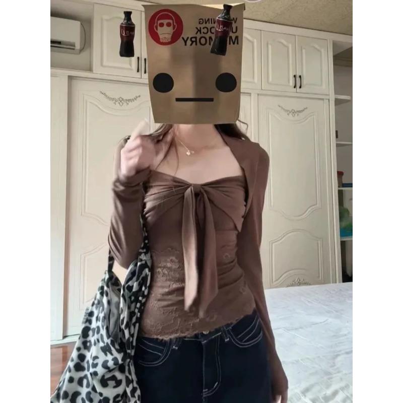 Fake Two-piece Square Collar Lace Bottoming Shirt for Women Autumn Winter Long-sleeved T-shirt Slim Fit Top