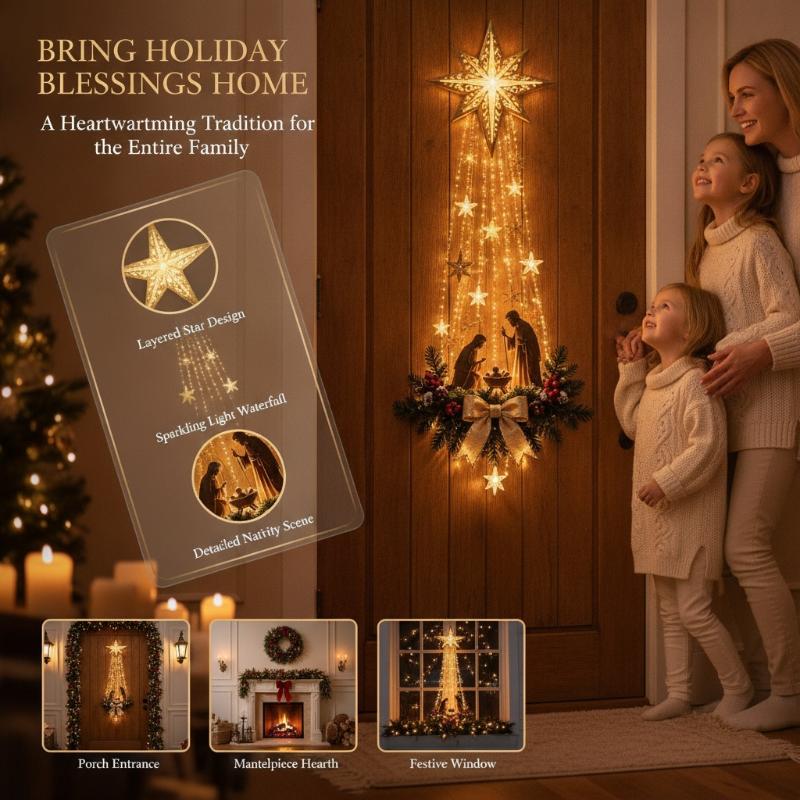 Bethlehem Star Nativity Glowing Wall Decor Lighted Faith Themed Xmas Hanging Ornament for Entryway Holiday Decor