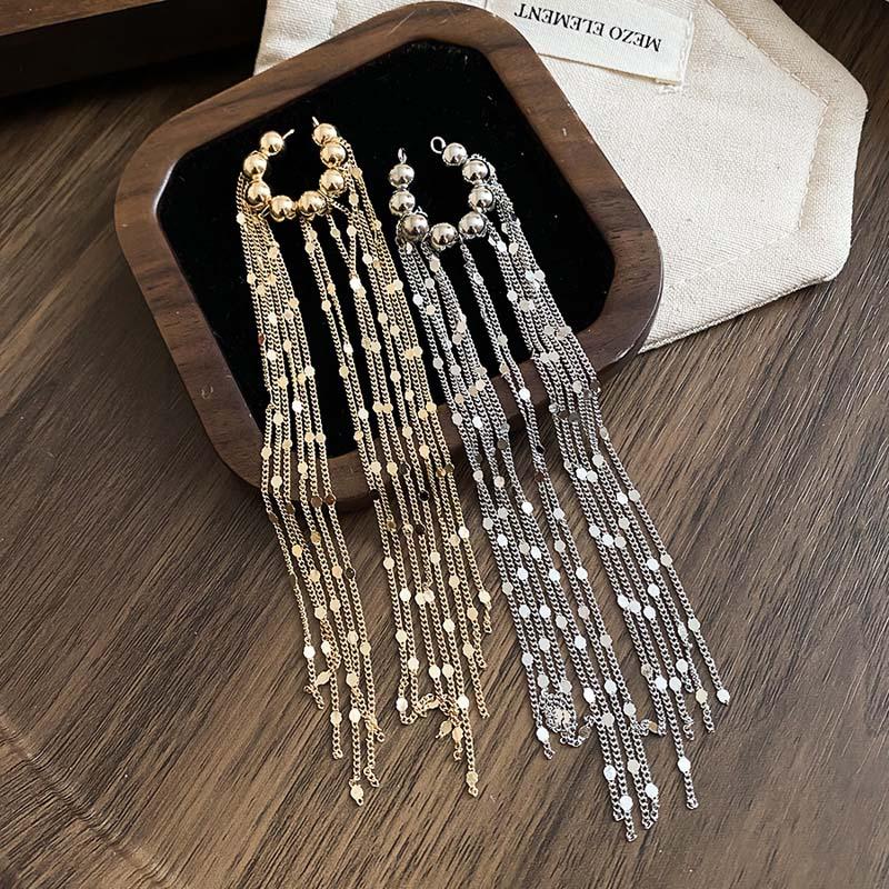 Personality Long Tassel Clip Earrings for Women Fashion Geometric Circular Bead Ear Cuff Chain Fake Piercing Earring Jewelry